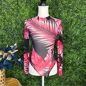 Nwt Tropical Pink and Black mesh sheer‎ Women's bodysuit